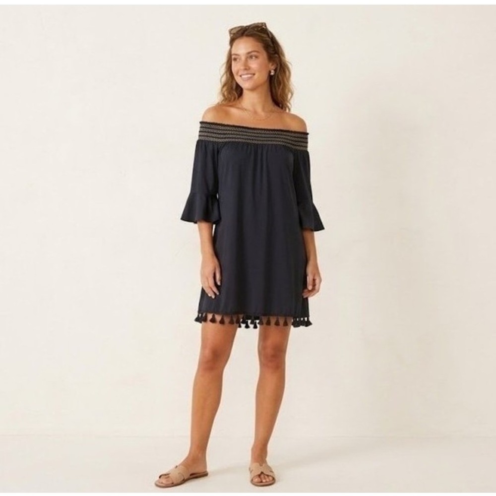 Cabana Life Off Shoulder Dress Womens Large Navy Blue Tassel Smocked Coastal